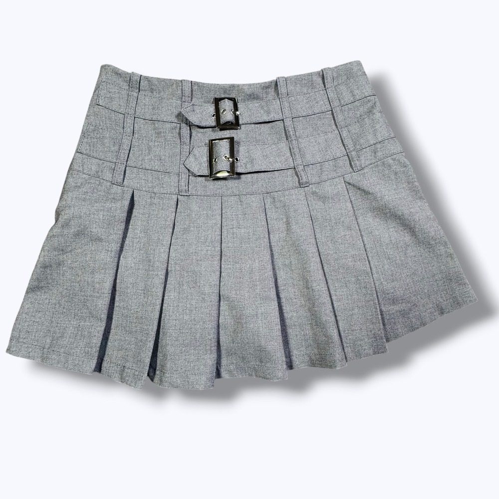 Gray Pleated Mini Skirt Skort Belt Buckle Detail Goth Grunge Y2K Schoolgirl Edgy